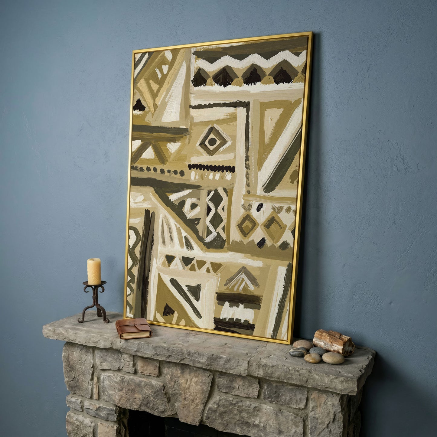 Abstract Tribal Geometric Canvas Wall Art, Portrait in yellow gold floating frame