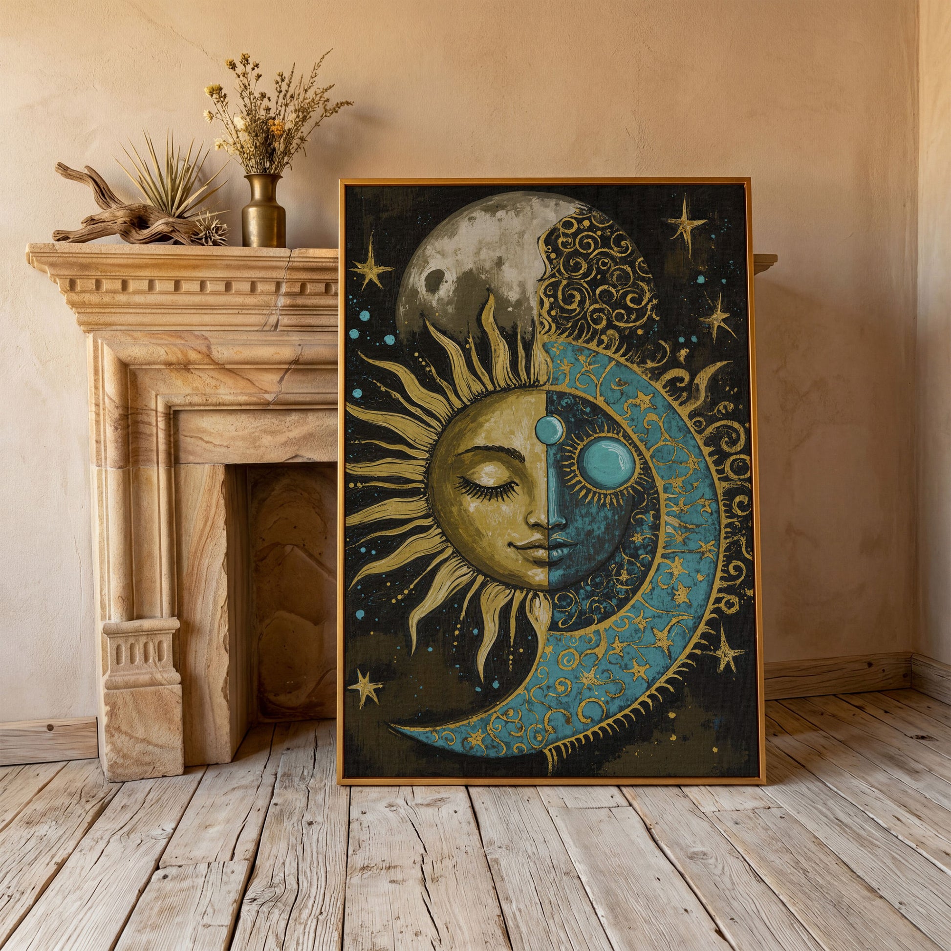 Sun and Moon Face Canvas Art, Celestial Duality Portrait Print in antique gold floating frame