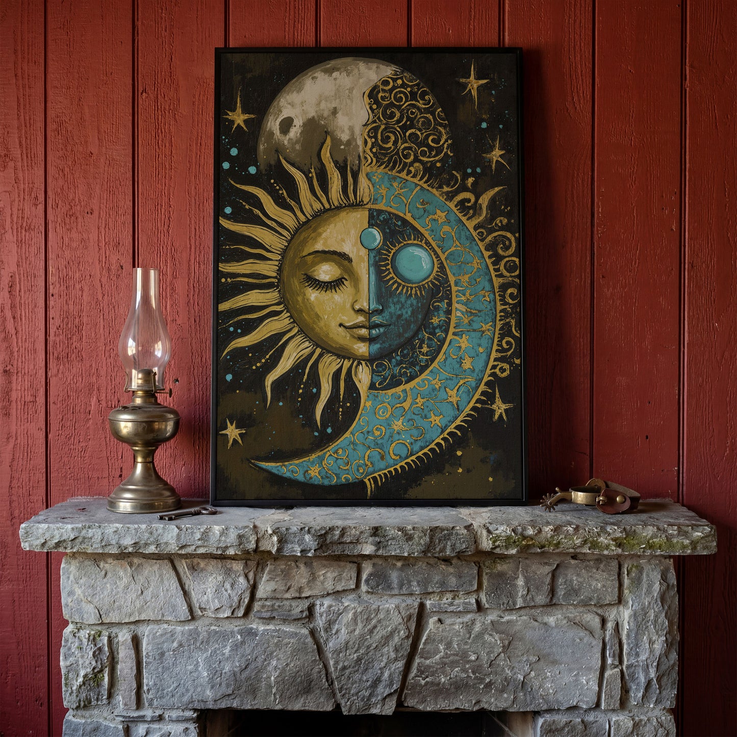 Sun and Moon Face Canvas Art, Celestial Duality Portrait Print in black floating frame