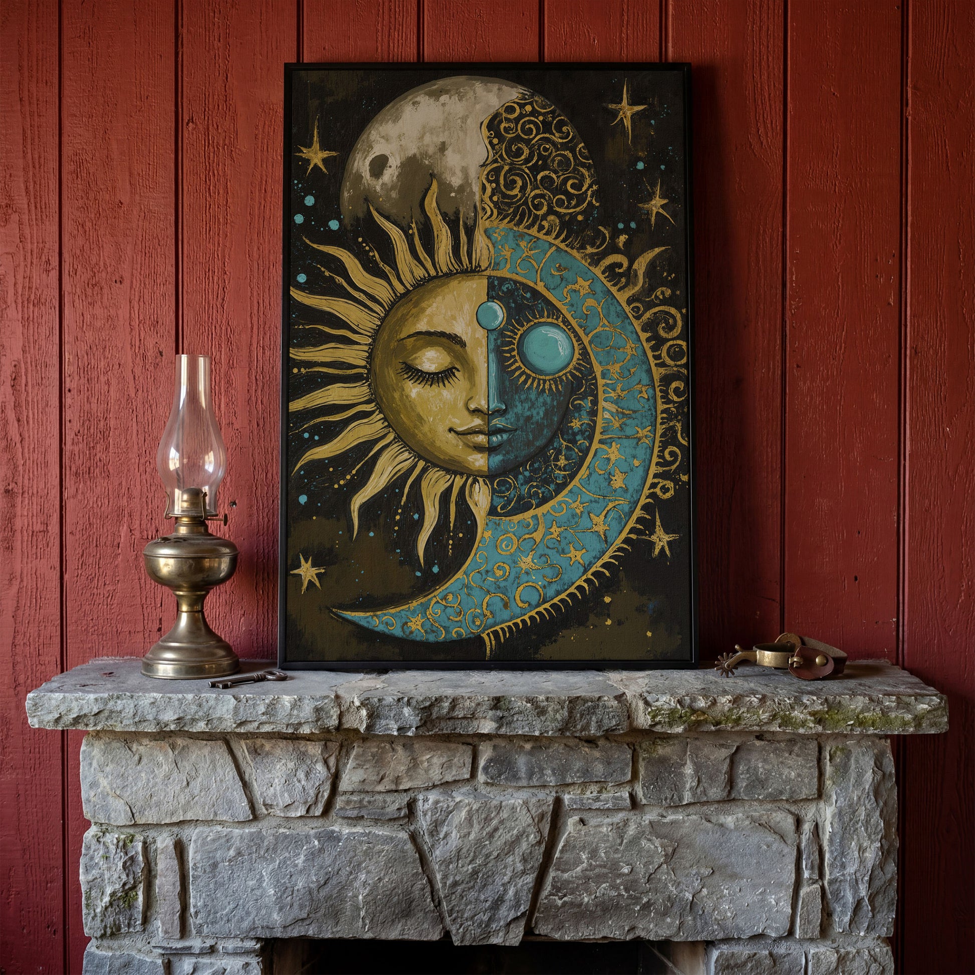 Sun and Moon Face Canvas Art, Celestial Duality Portrait Print in black floating frame