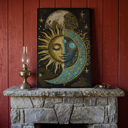 Sun and Moon Face Canvas Art, Celestial Duality Portrait Print in black floating frame