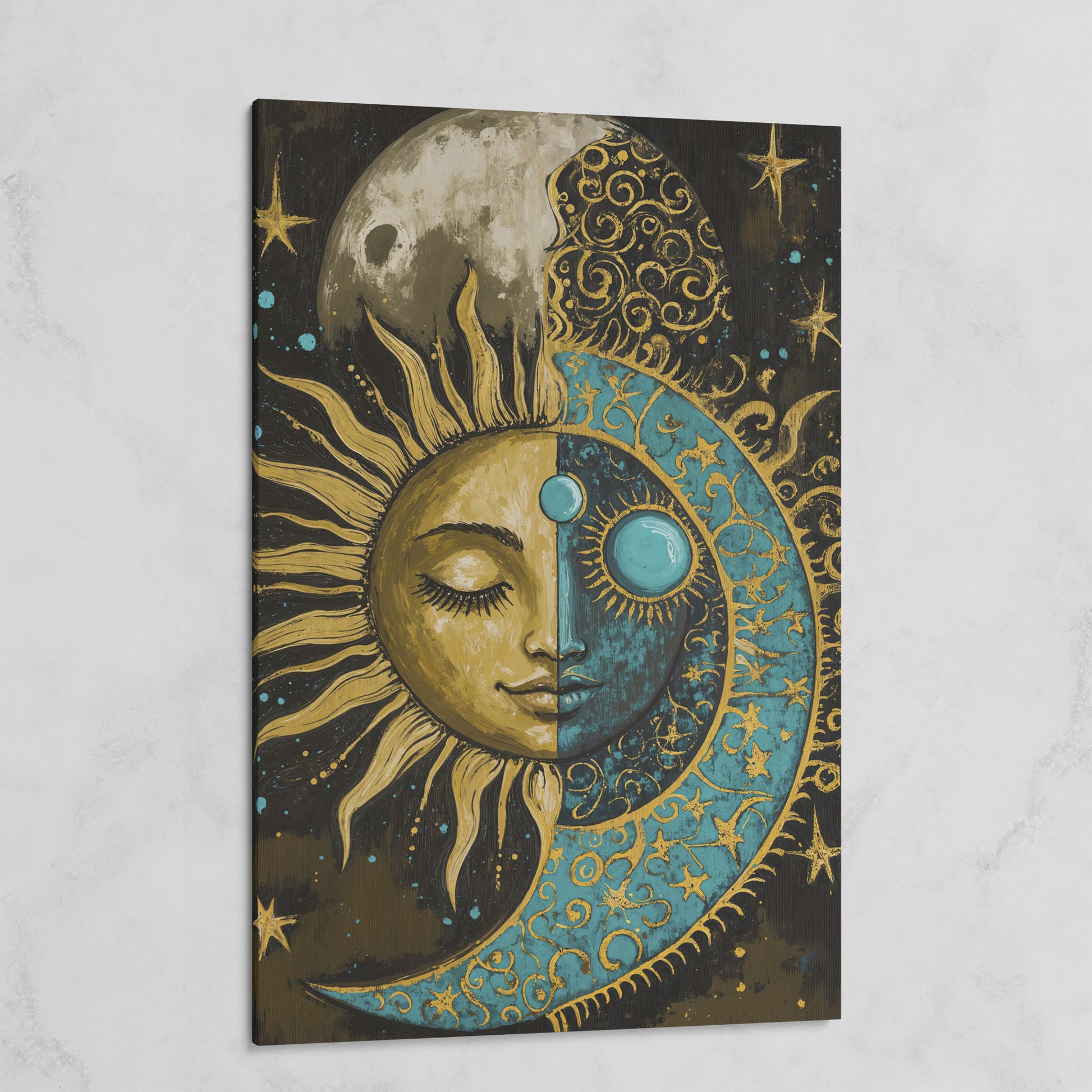 Sun and Moon Face Canvas Art, Celestial Duality Portrait Print on gallery wrap