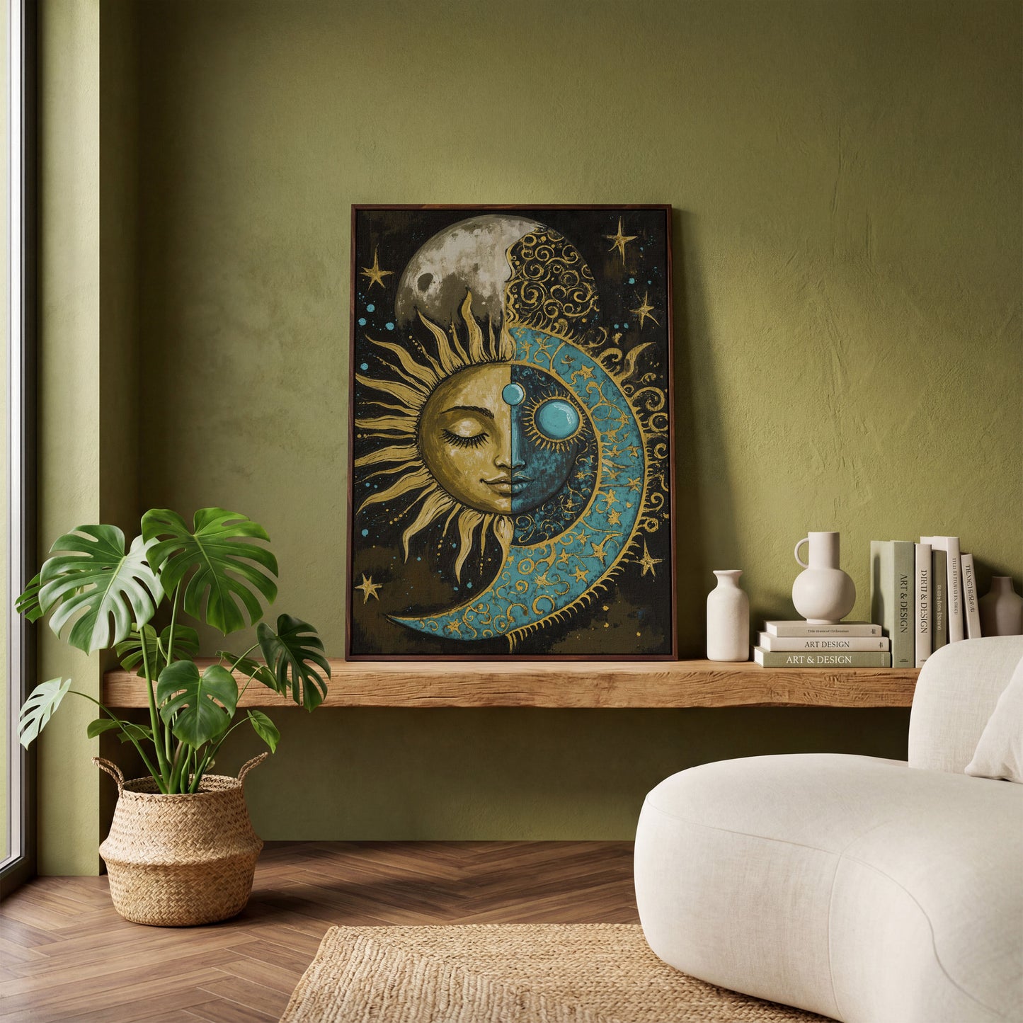 Sun and Moon Face Canvas Art, Celestial Duality Portrait Print in dark walnut floating frame