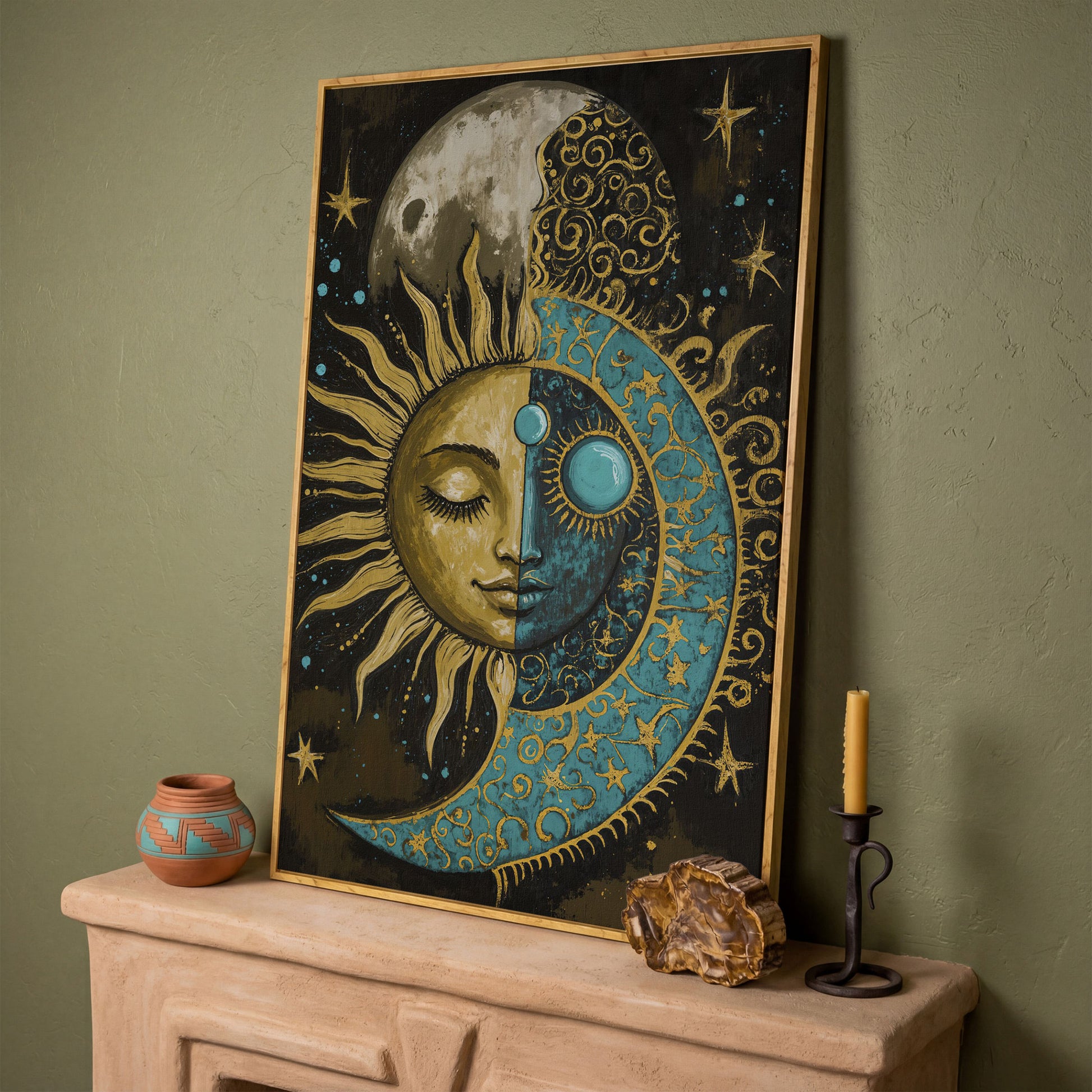 Sun and Moon Face Canvas Art, Celestial Duality Portrait Print in white oak floating frame