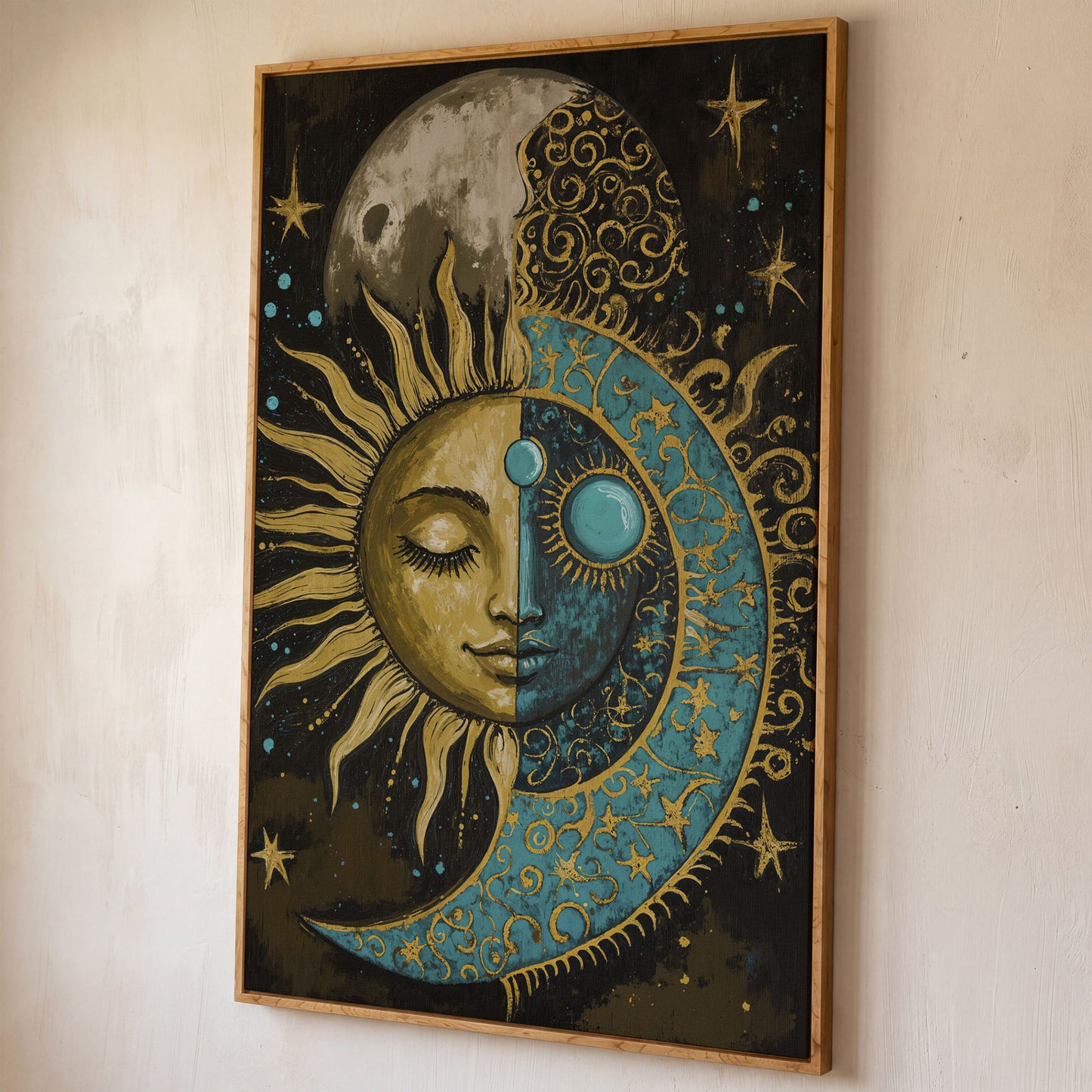 Sun and Moon Face Canvas Art, Celestial Duality Portrait Print shown in white oak floating frame