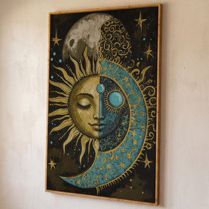 Sun and Moon Face Canvas Art, Celestial Duality Portrait Print shown in white oak floating frame