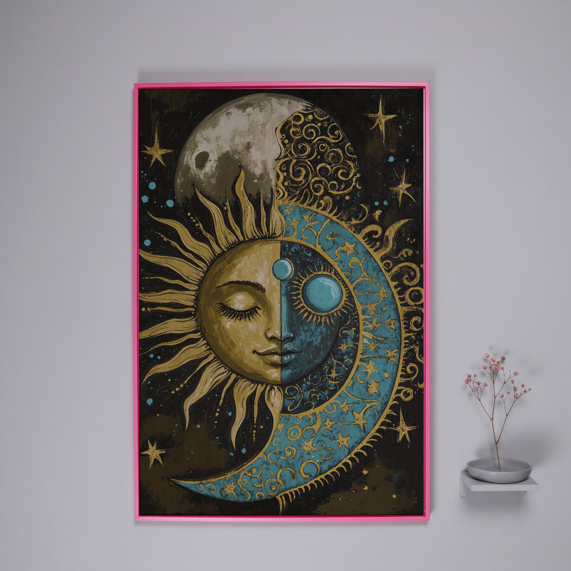 Sun and Moon Face Canvas Art, Celestial Duality Portrait Print in pink floating frame