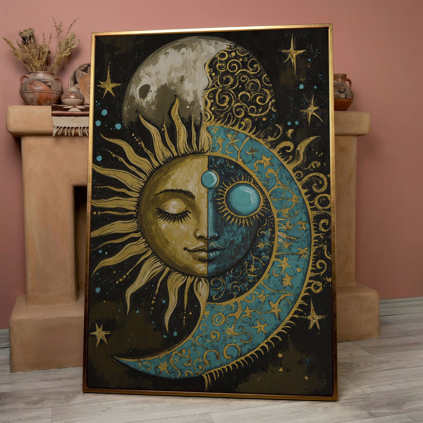 Sun and Moon Face Canvas Art, Celestial Duality Portrait Print in rose gold floating frame