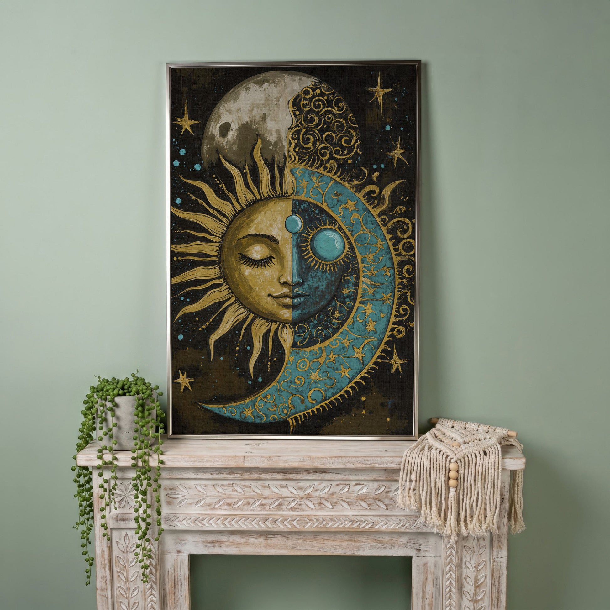 Sun and Moon Face Canvas Art, Celestial Duality Portrait Print in silver floating frame