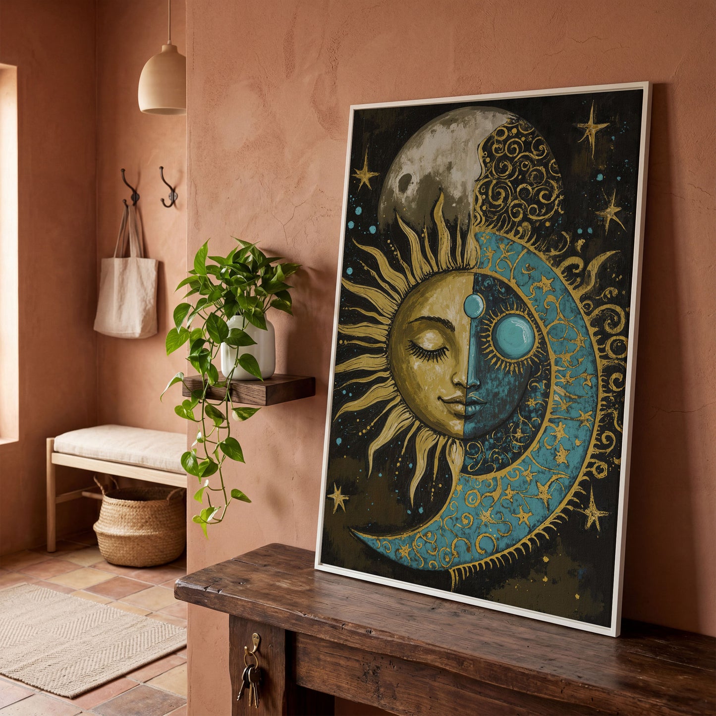 Sun and Moon Face Canvas Art, Celestial Duality Portrait Print in white floating frame