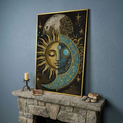 Sun and Moon Face Canvas Art, Celestial Duality Portrait Print in yellow gold floating frame