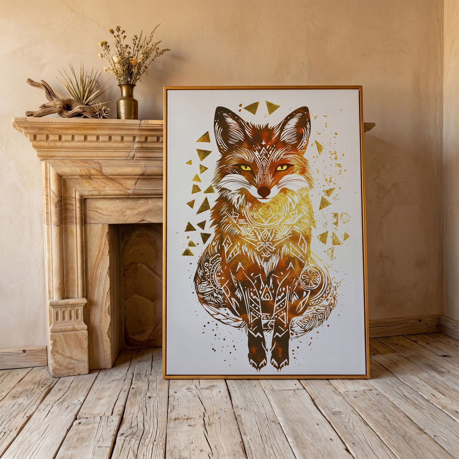 Fox Portrait Canvas Art with Geometric Pattern Detail in antique gold floating frame