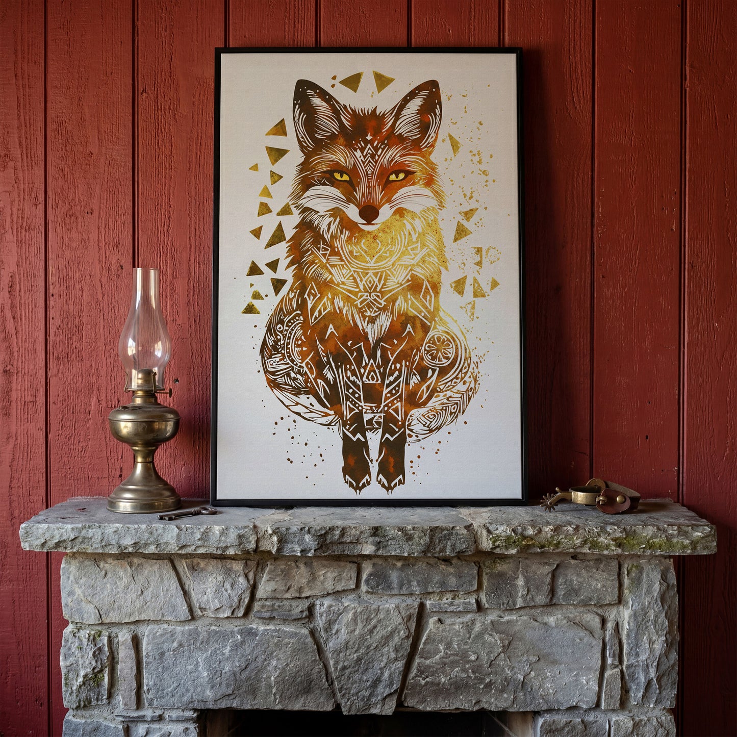 Fox Portrait Canvas Art with Geometric Pattern Detail in black floating frame