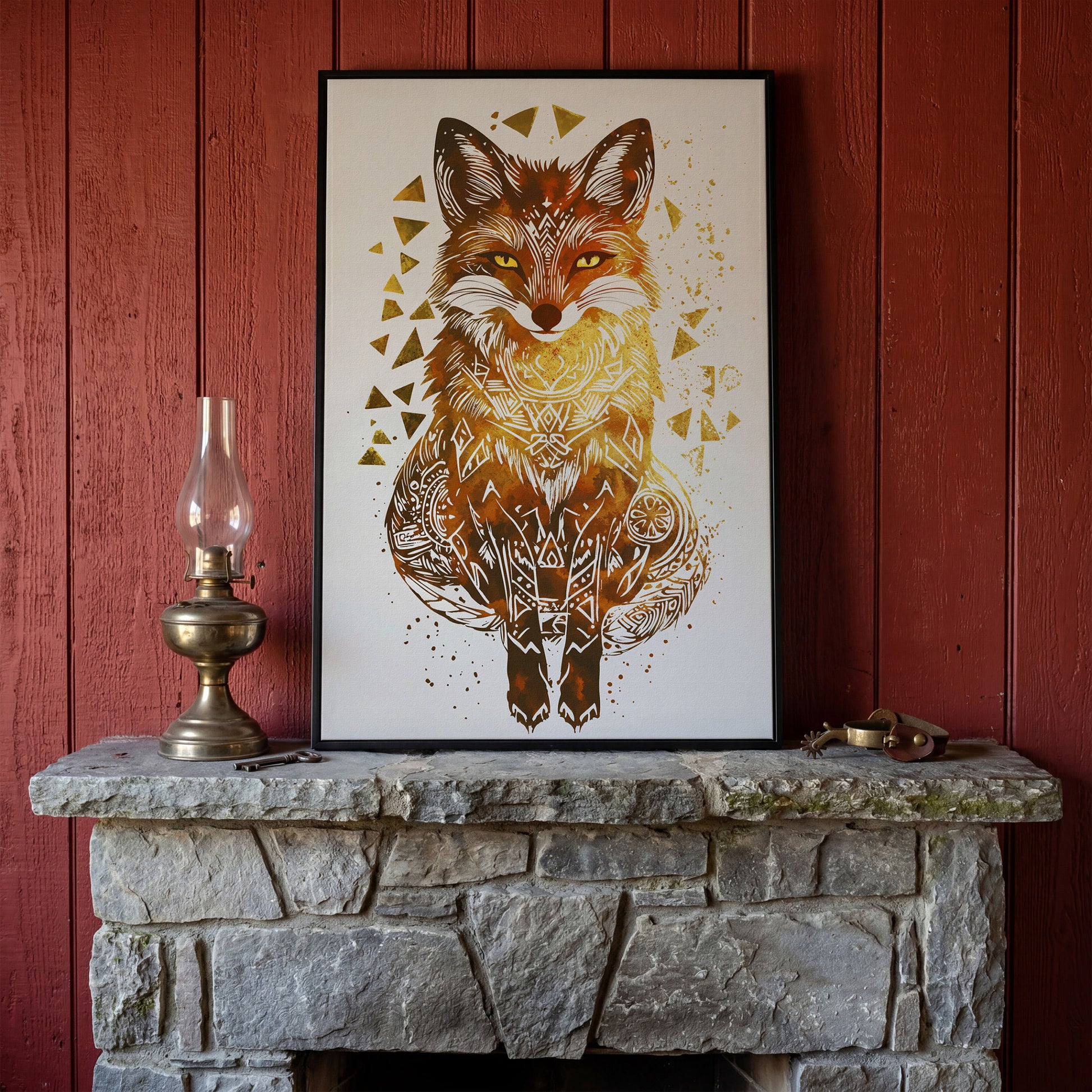 Fox Portrait Canvas Art with Geometric Pattern Detail in black floating frame