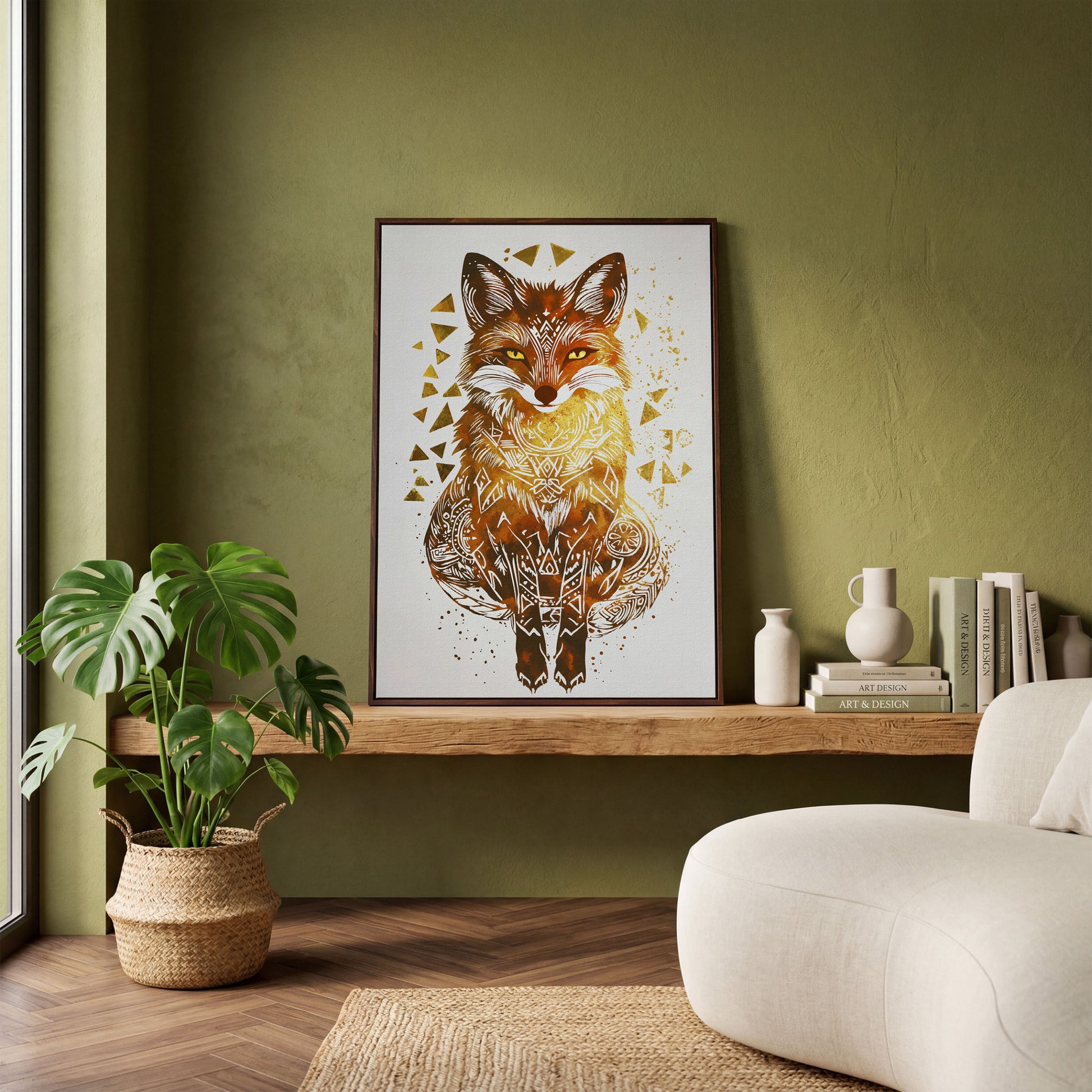 Fox Portrait Canvas Art with Geometric Pattern Detail in dark walnut floating frame