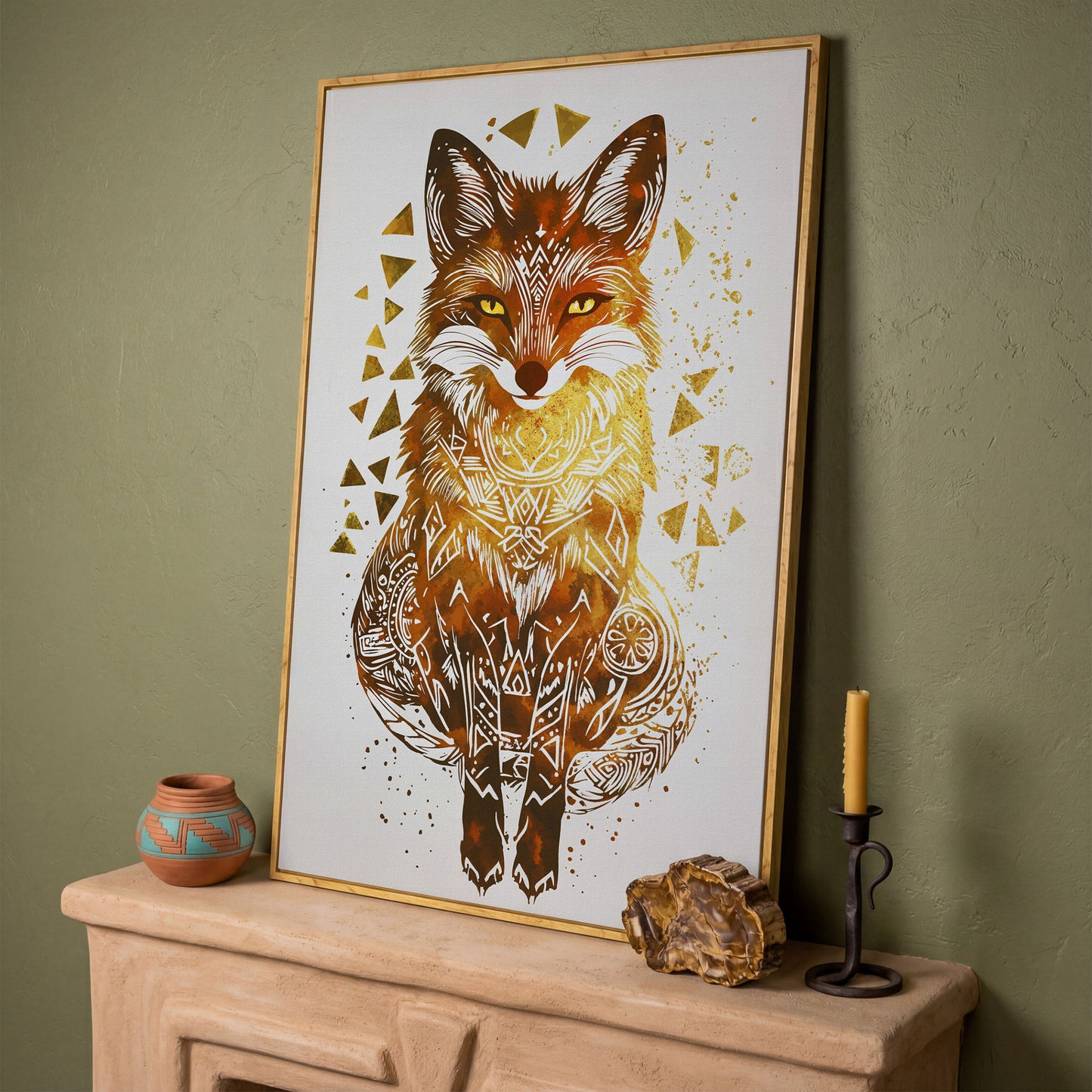 Fox Portrait Canvas Art with Geometric Pattern Detail in white oak floating frame