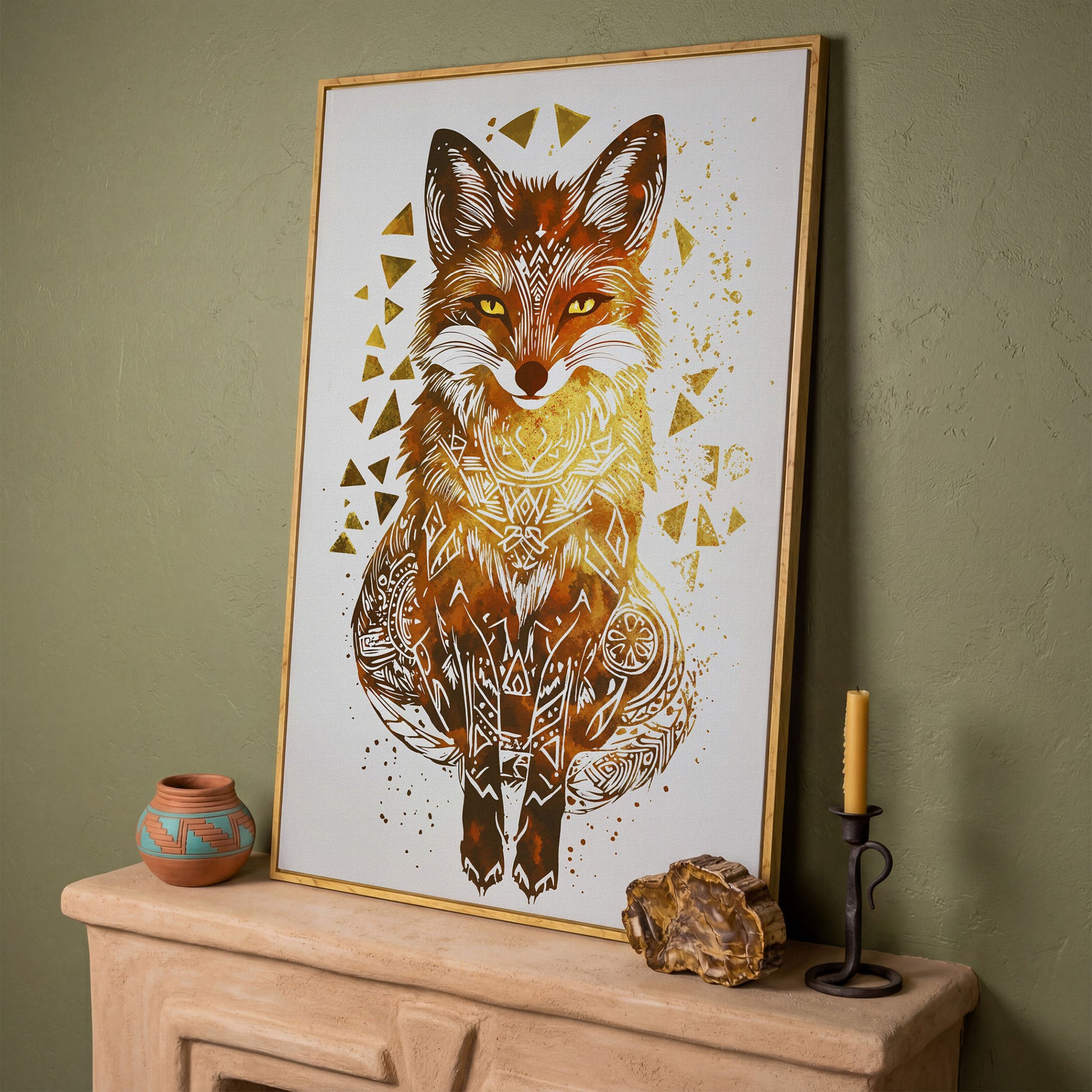 Fox Portrait Canvas Art with Geometric Pattern Detail in white oak floating frame