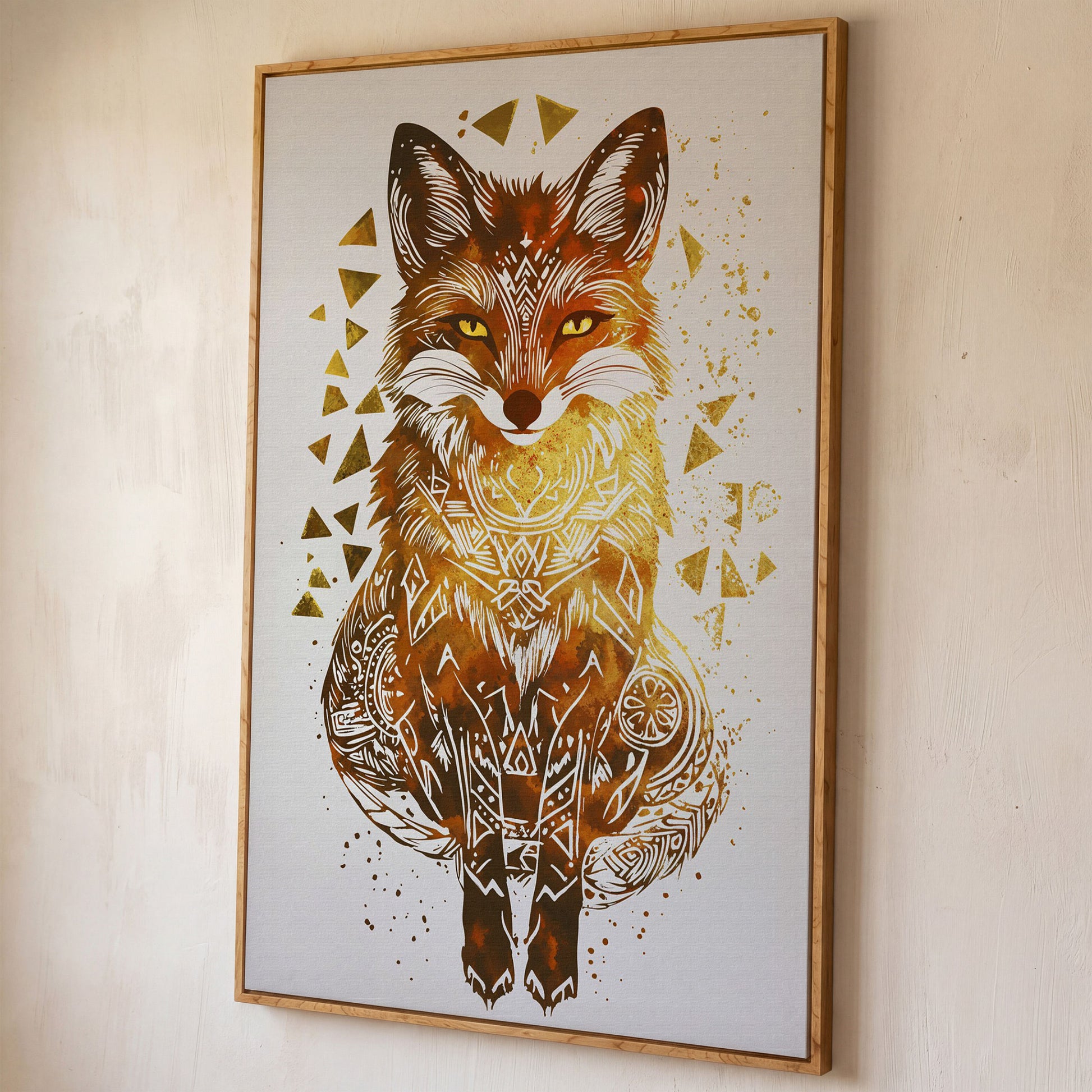 Fox Portrait Canvas Art with Geometric Pattern Detail shown in white oak floating frame