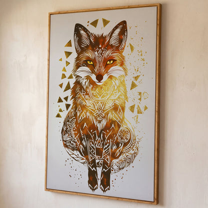 Fox Portrait Canvas Art with Geometric Pattern Detail shown in white oak floating frame