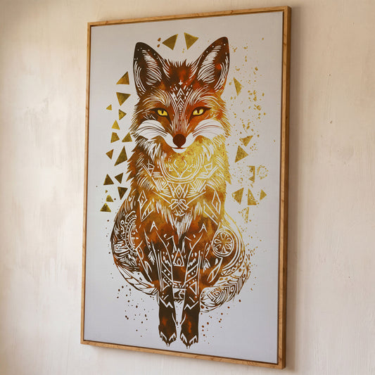 Fox Portrait Canvas Art with Geometric Pattern Detail shown in white oak floating frame