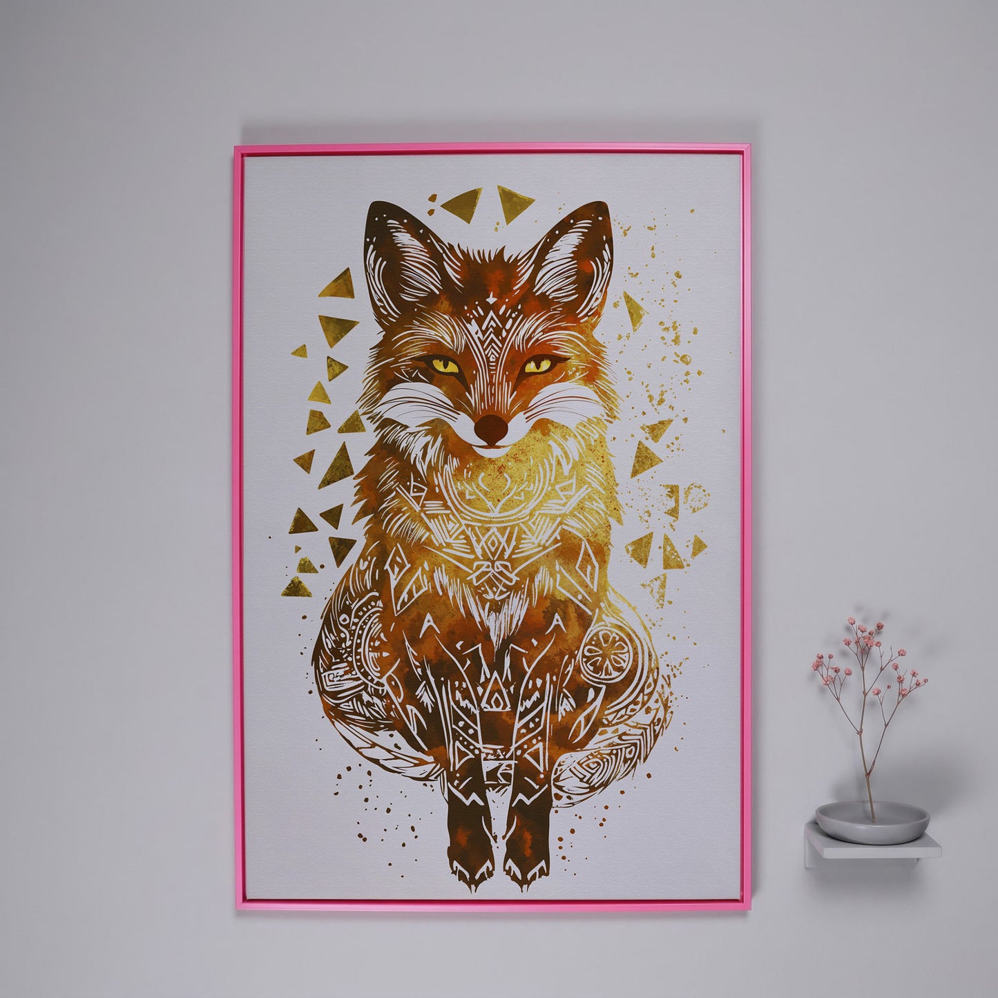 Fox Portrait Canvas Art with Geometric Pattern Detail in pink floating frame