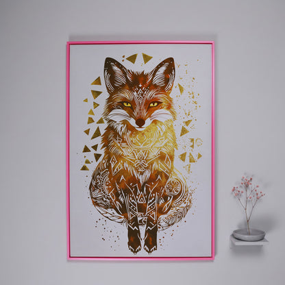 Fox Portrait Canvas Art with Geometric Pattern Detail in pink floating frame