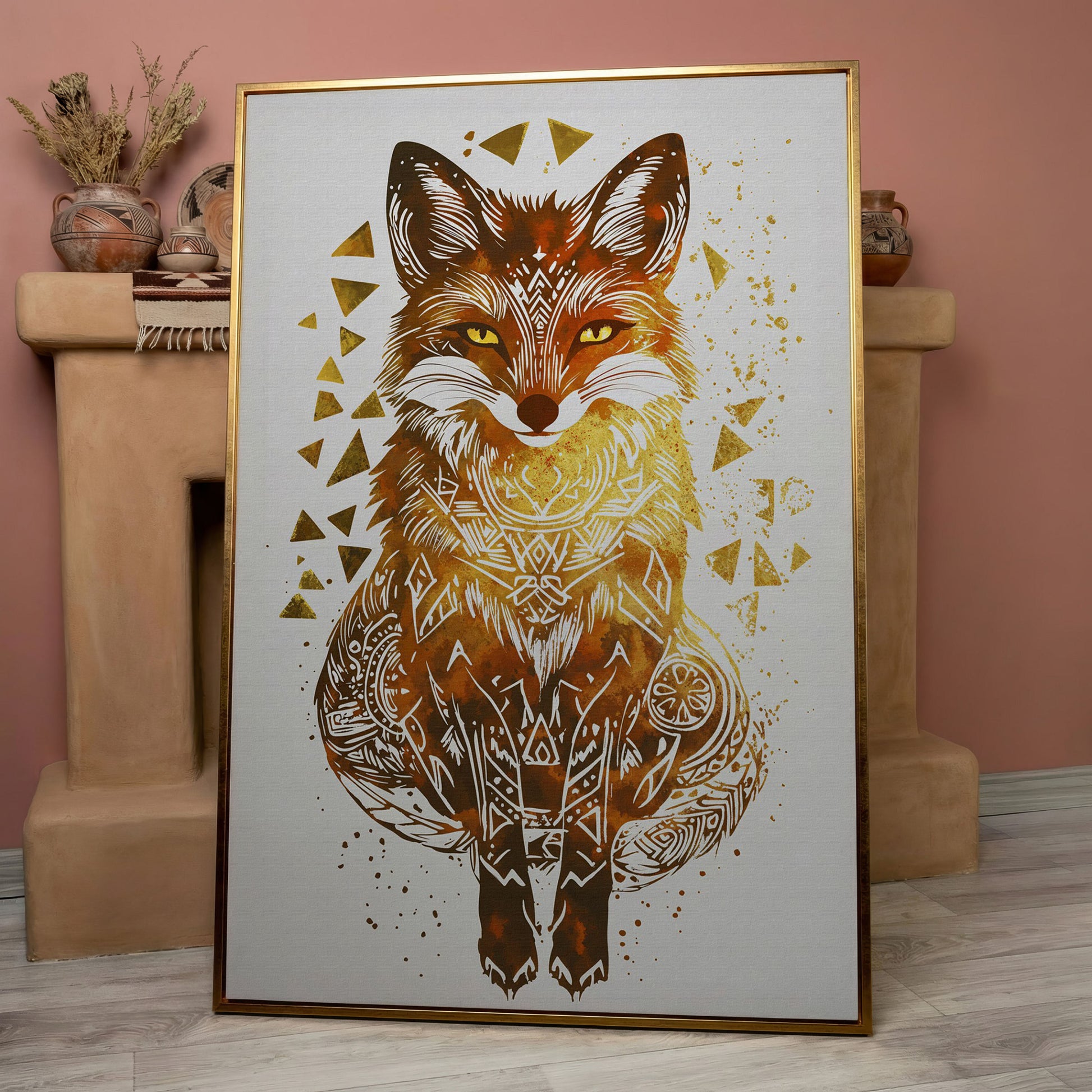 Fox Portrait Canvas Art with Geometric Pattern Detail in rose gold floating frame