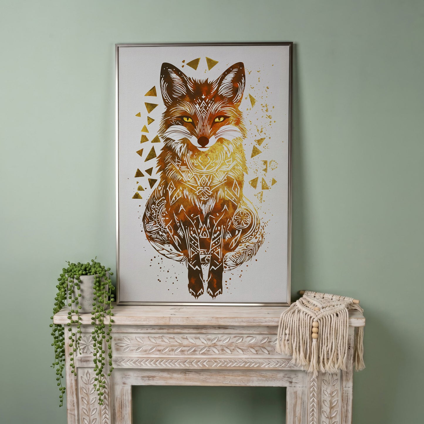 Fox Portrait Canvas Art with Geometric Pattern Detail in silver floating frame