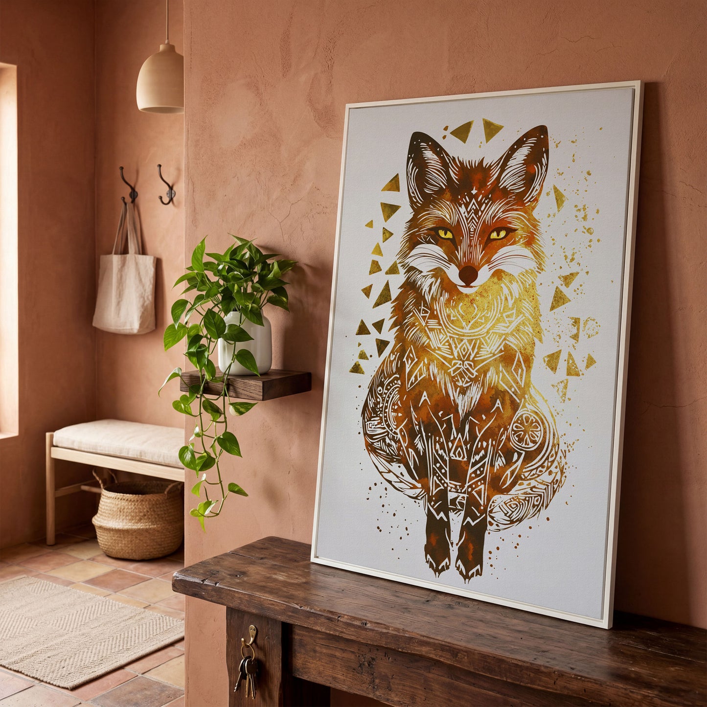 Fox Portrait Canvas Art with Geometric Pattern Detail in white floating frame