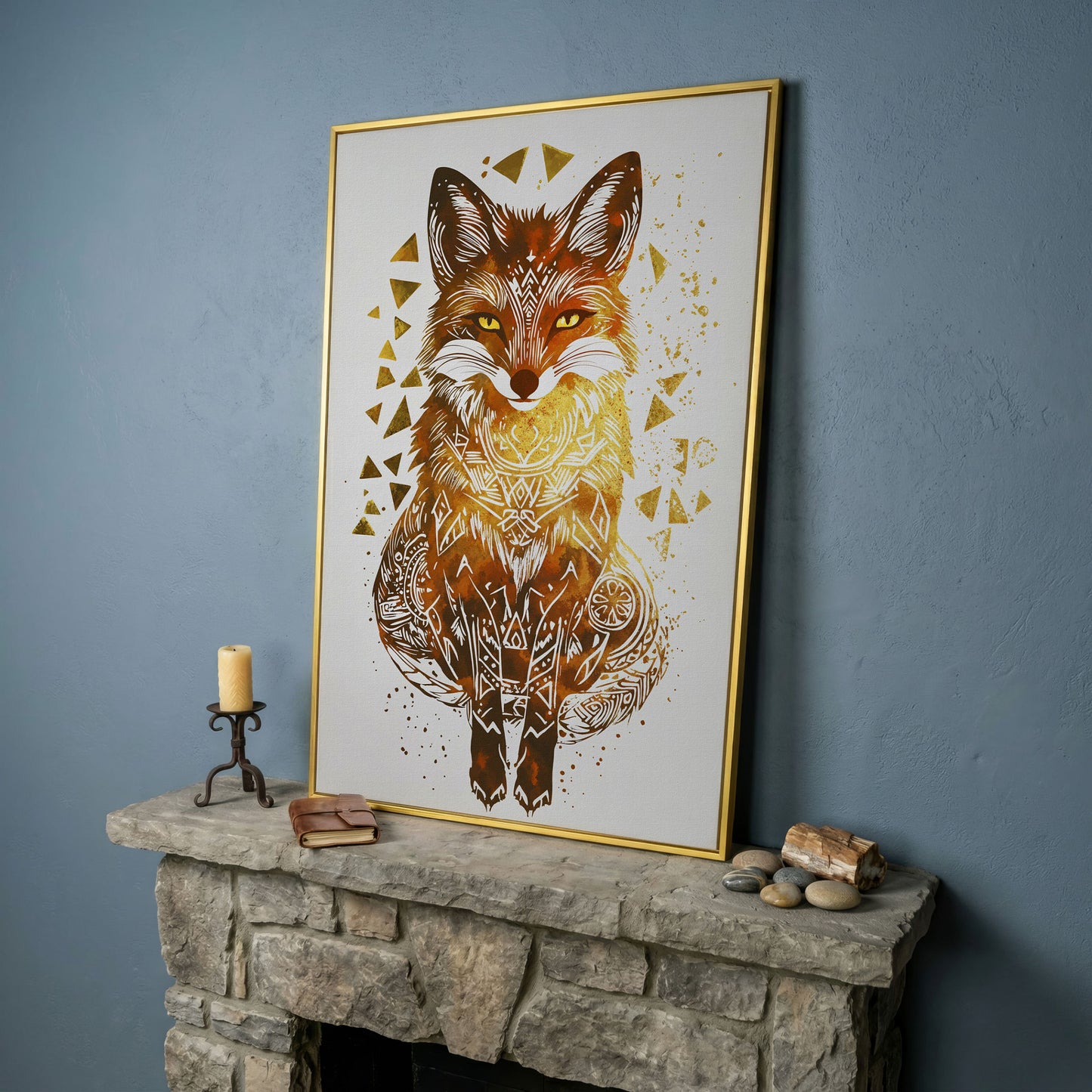 Fox Portrait Canvas Art with Geometric Pattern Detail in yellow gold floating frame