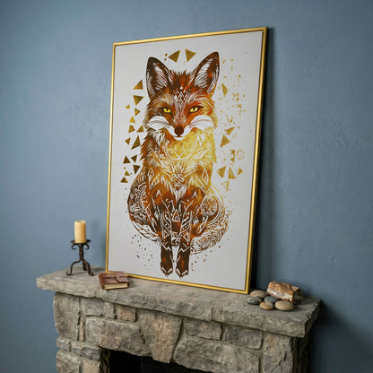 Fox Portrait Canvas Art with Geometric Pattern Detail in yellow gold floating frame