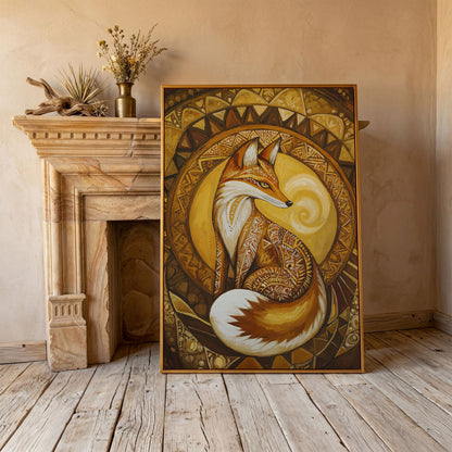 Fox Portrait with Ornamental Background Canvas Art in antique gold floating frame