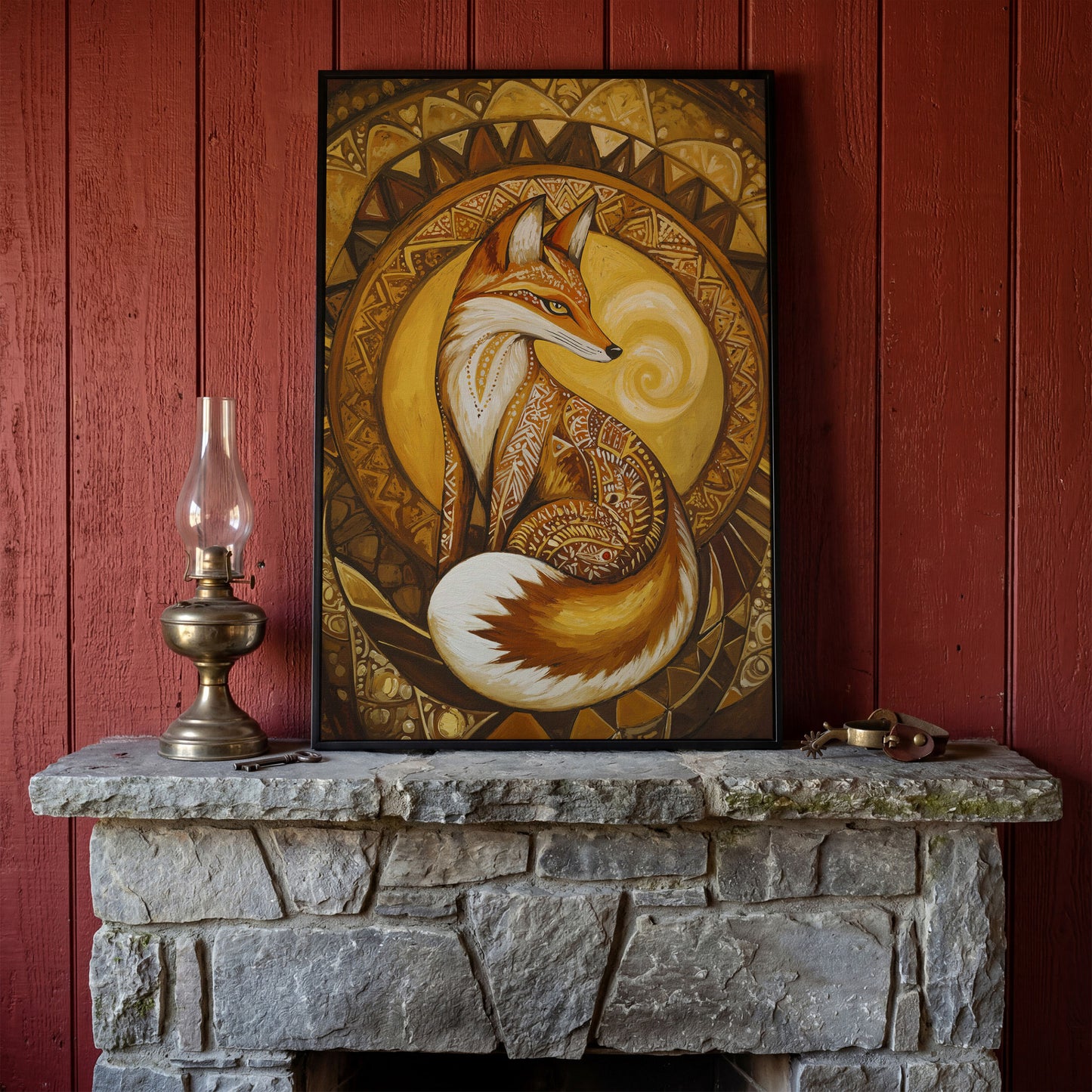 Fox Portrait with Ornamental Background Canvas Art in black floating frame