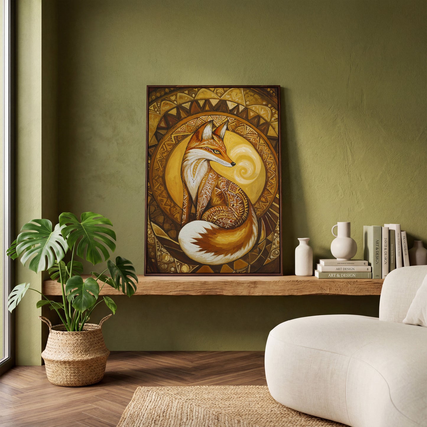 Fox Portrait with Ornamental Background Canvas Art in dark walnut floating frame