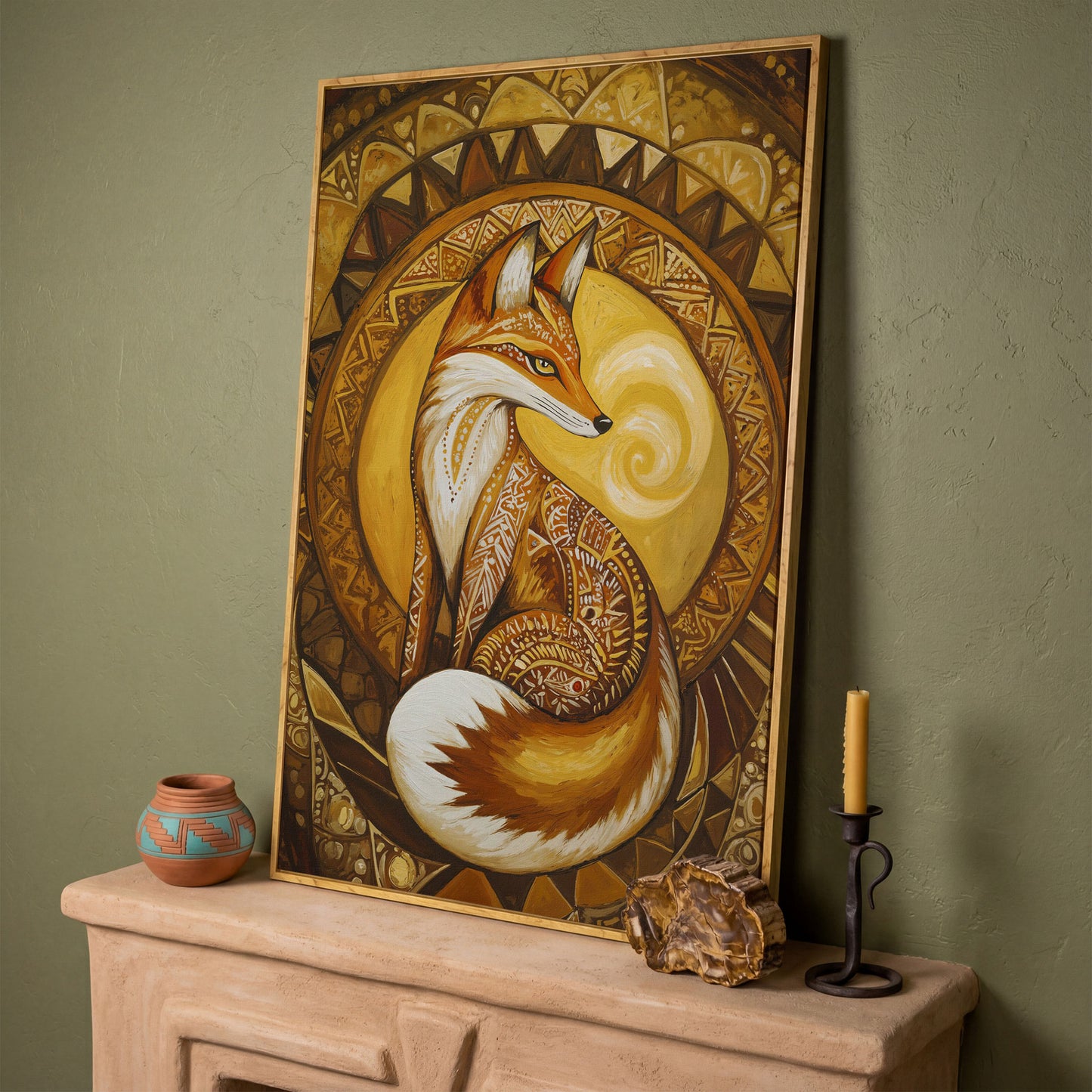 Fox Portrait with Ornamental Background Canvas Art in white oak floating frame