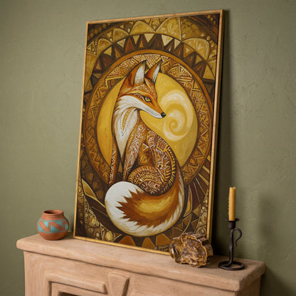 Fox Portrait with Ornamental Background Canvas Art in white oak floating frame