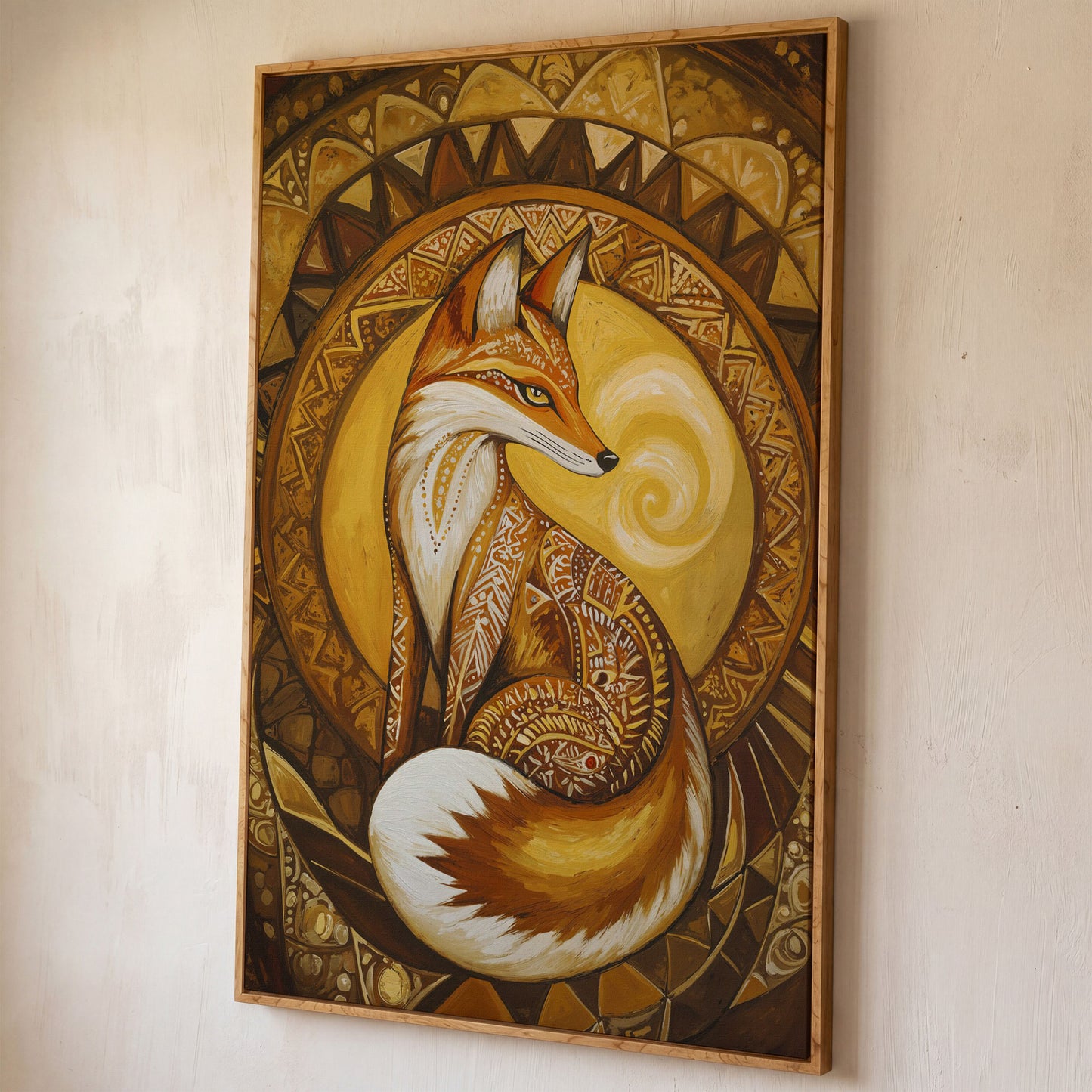 Fox Portrait with Ornamental Background Canvas Art shown in white oak floating frame