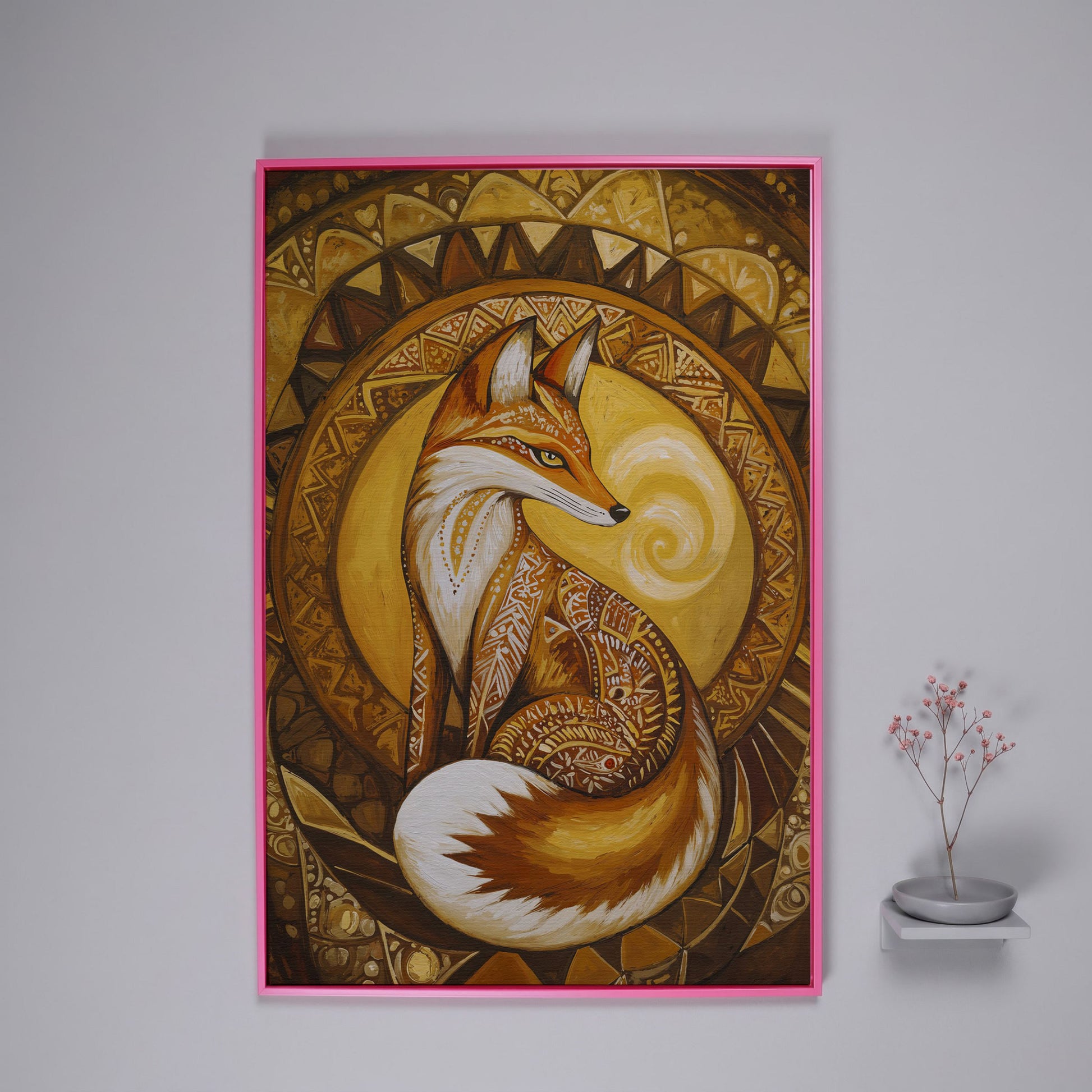 Fox Portrait with Ornamental Background Canvas Art in pink floating frame