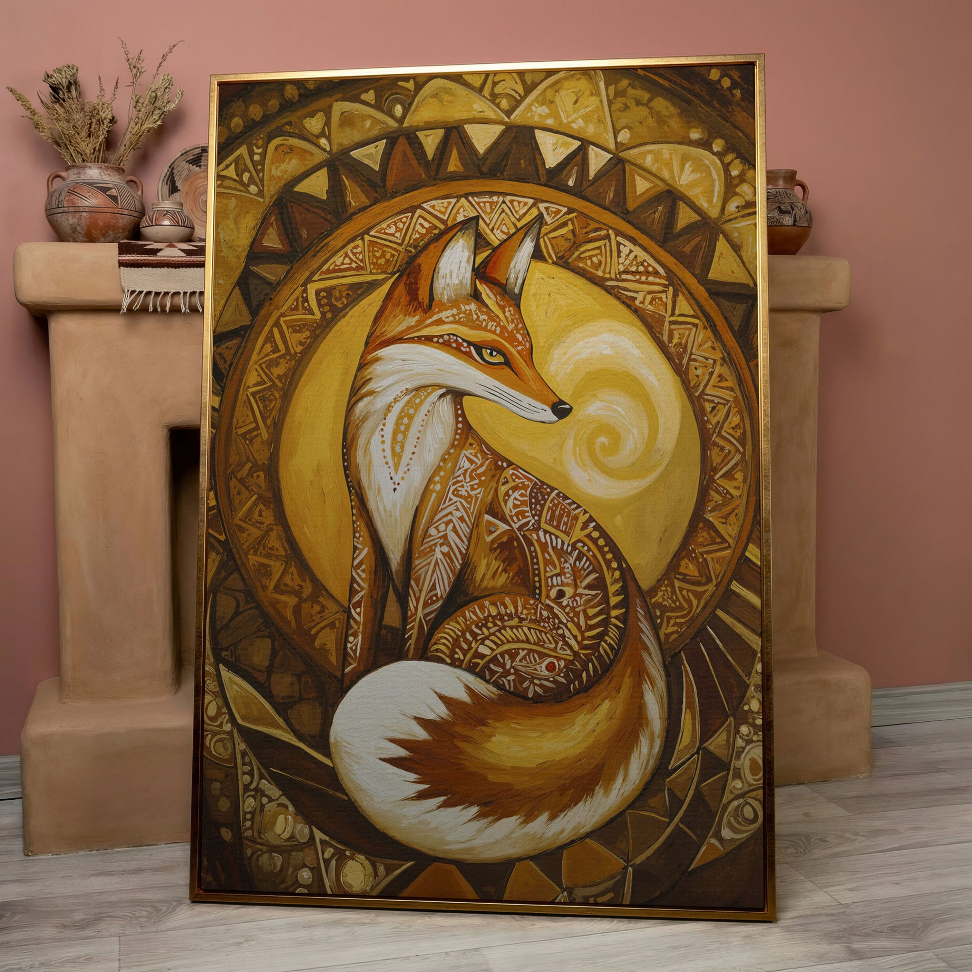 Fox Portrait with Ornamental Background Canvas Art in rose gold floating frame