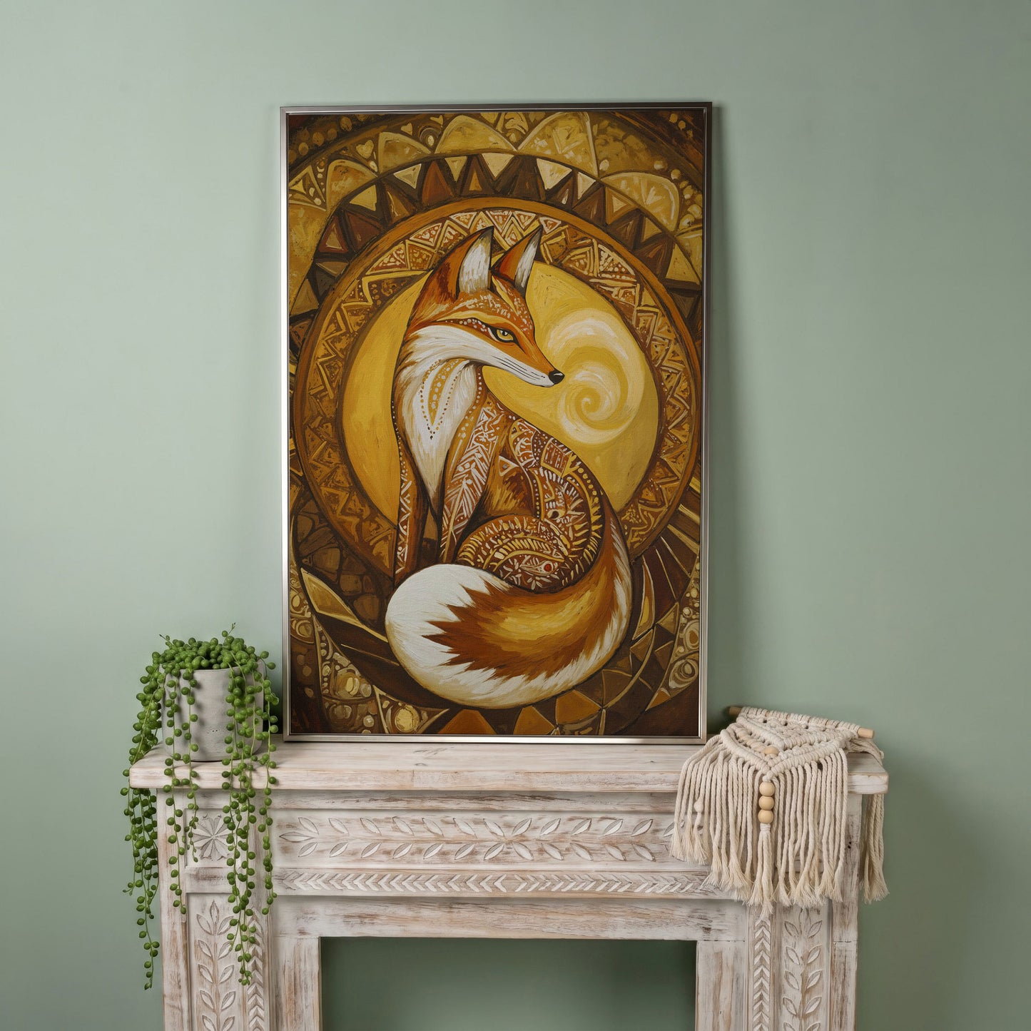 Fox Portrait with Ornamental Background Canvas Art in silver floating frame