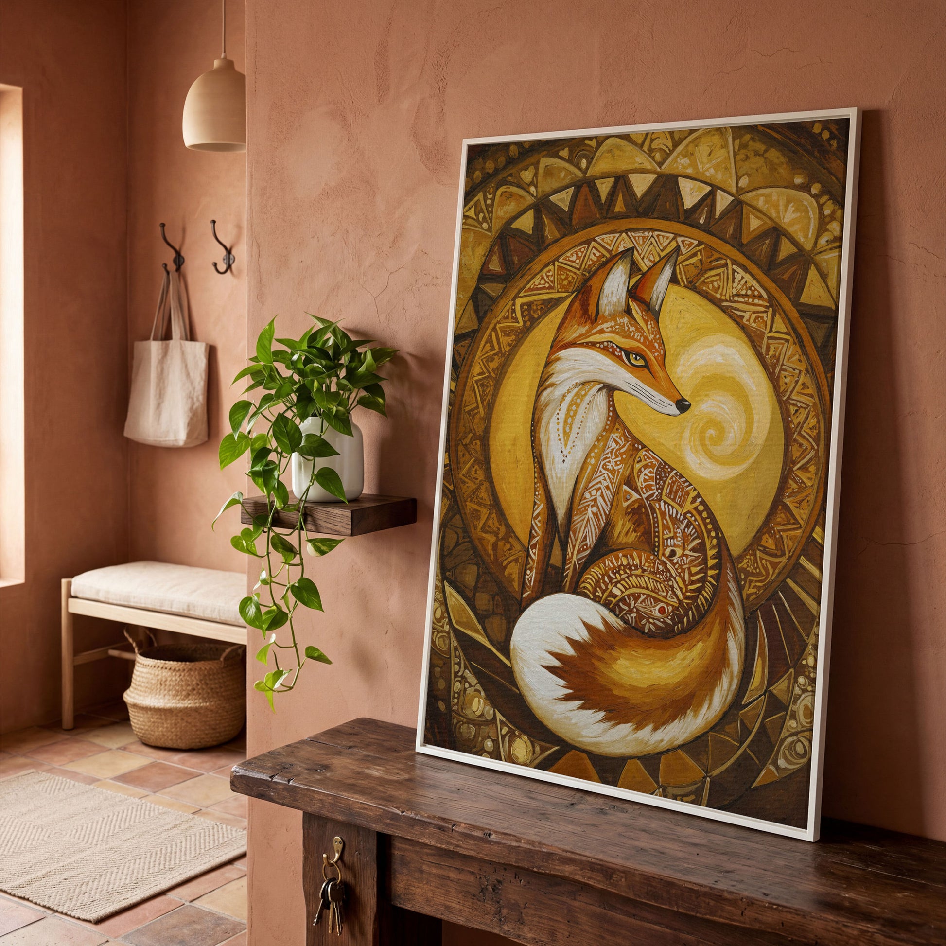 Fox Portrait with Ornamental Background Canvas Art in white floating frame
