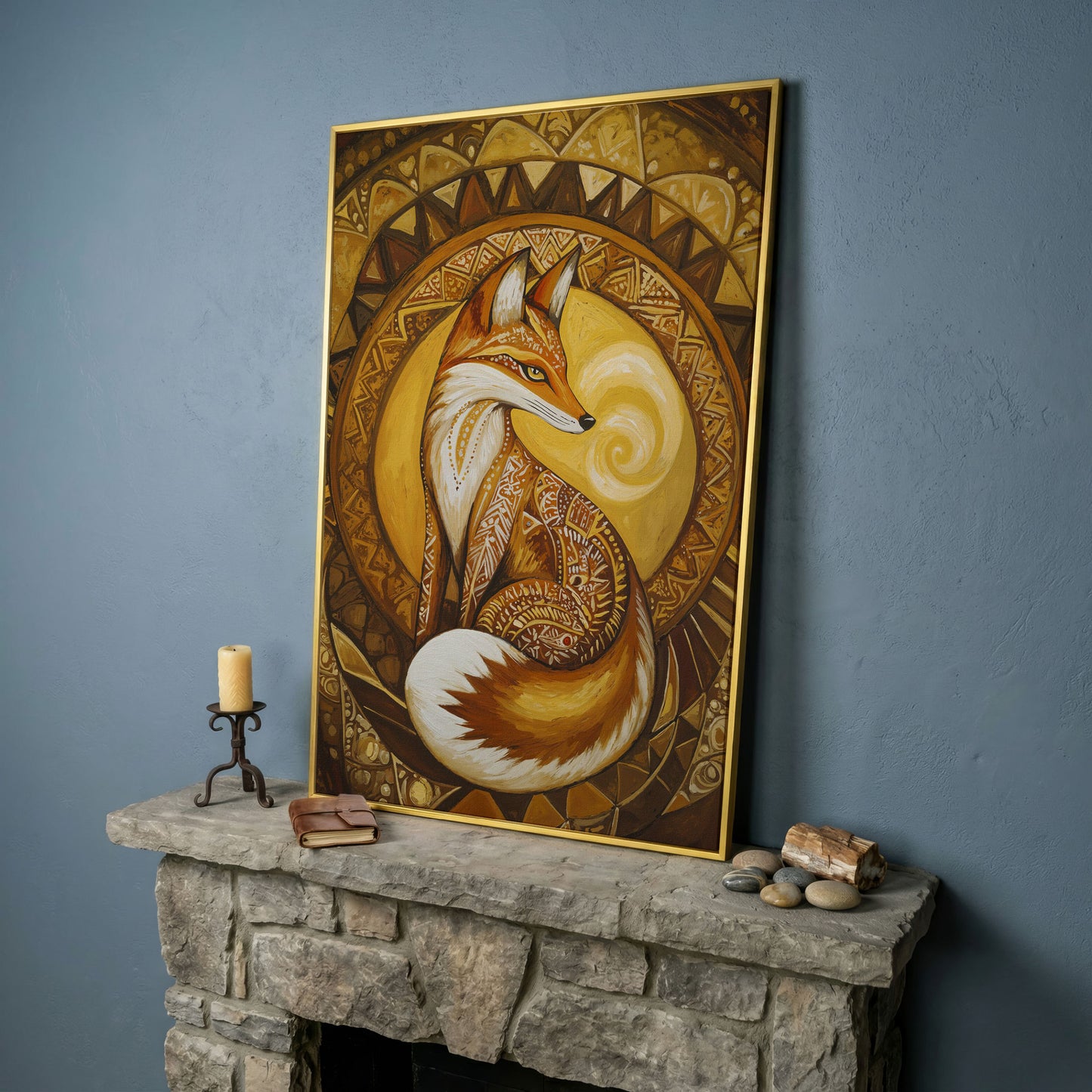 Fox Portrait with Ornamental Background Canvas Art in yellow gold floating frame