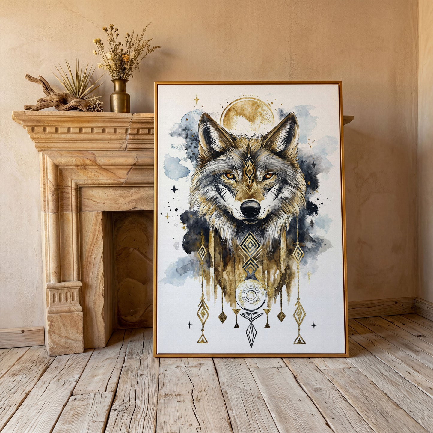 Geometric Wolf Portrait Canvas Art with Celestial Detail in antique gold floating frame