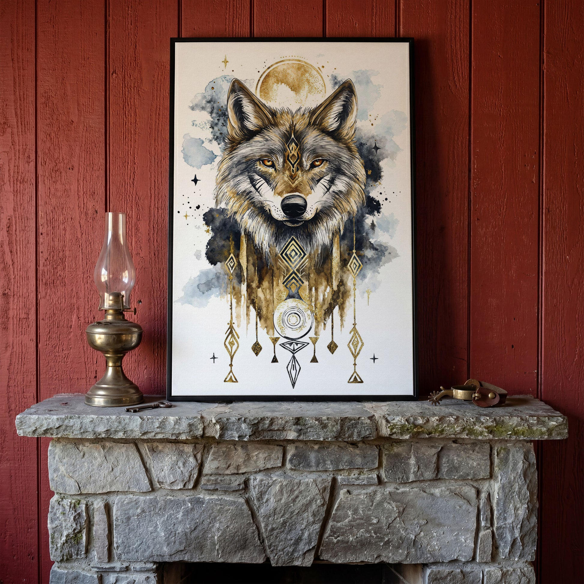 Geometric Wolf Portrait Canvas Art with Celestial Detail in black floating frame