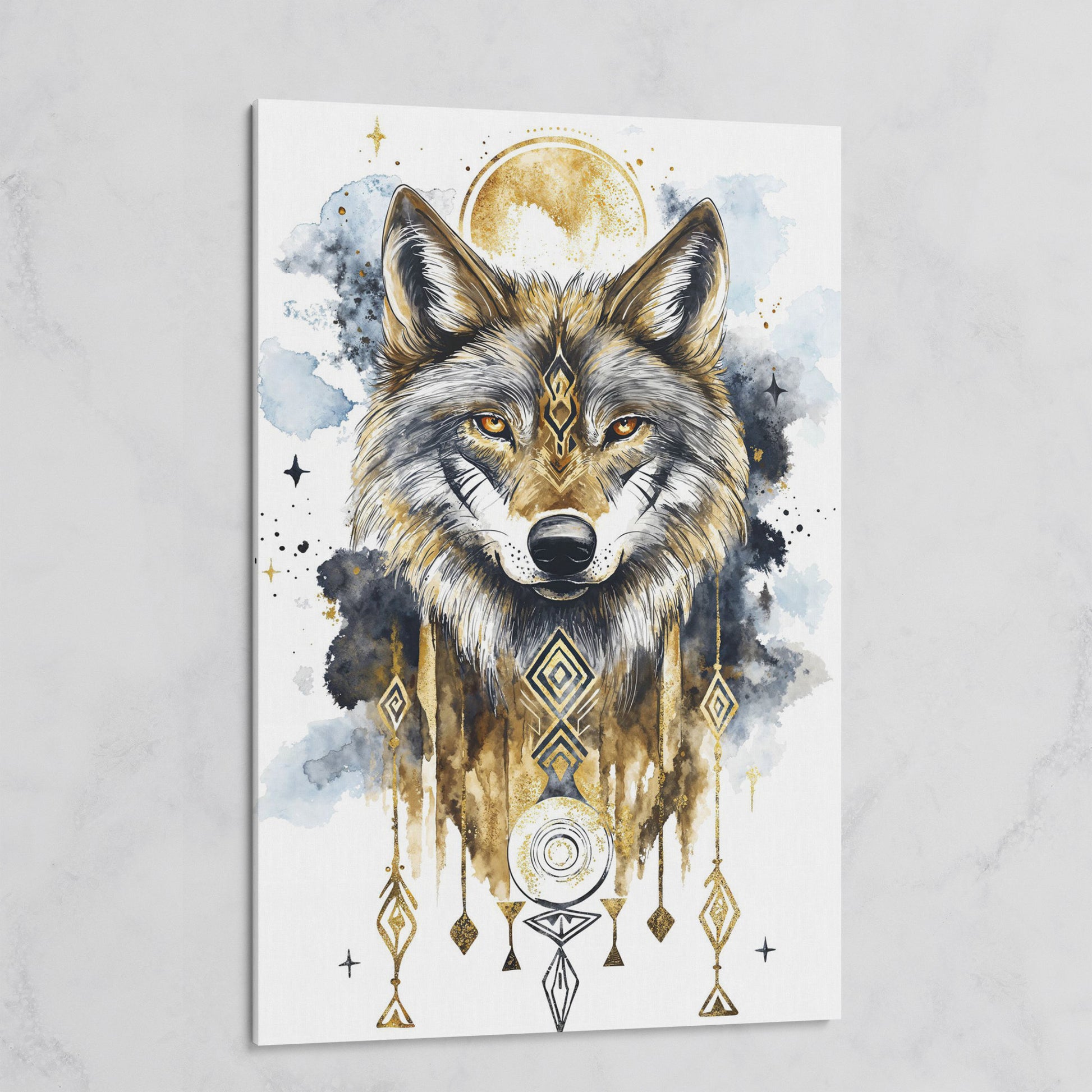 Geometric Wolf Portrait Canvas Art with Celestial Detail on gallery wrap