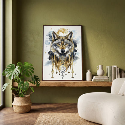 Geometric Wolf Portrait Canvas Art with Celestial Detail in dark walnut floating frame
