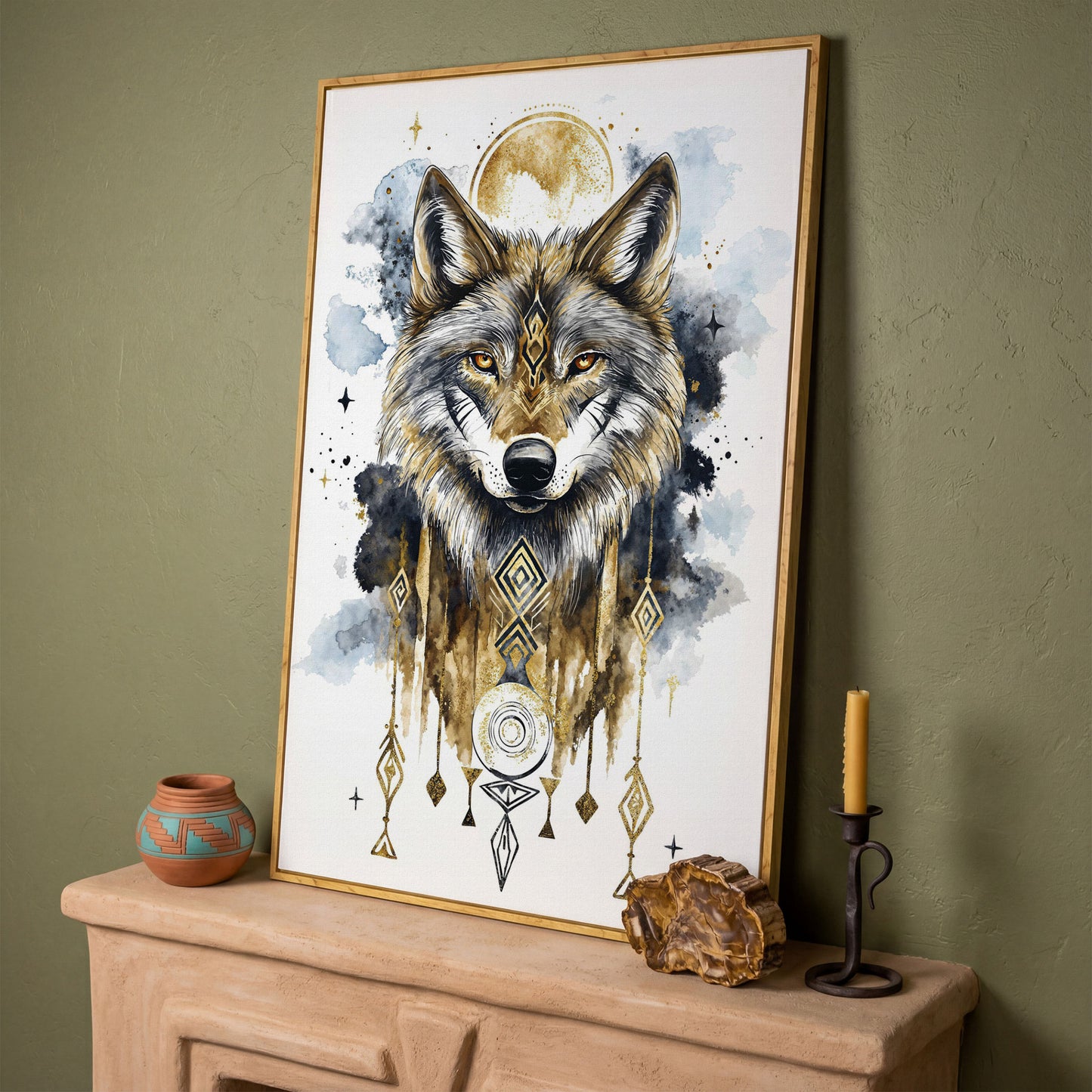 Geometric Wolf Portrait Canvas Art with Celestial Detail in white oak floating frame