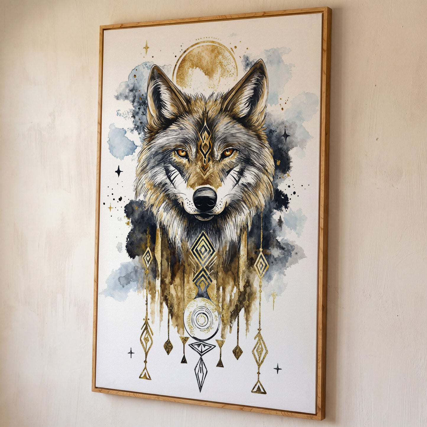 Geometric Wolf Portrait Canvas Art with Celestial Detail shown in white oak floating frame
