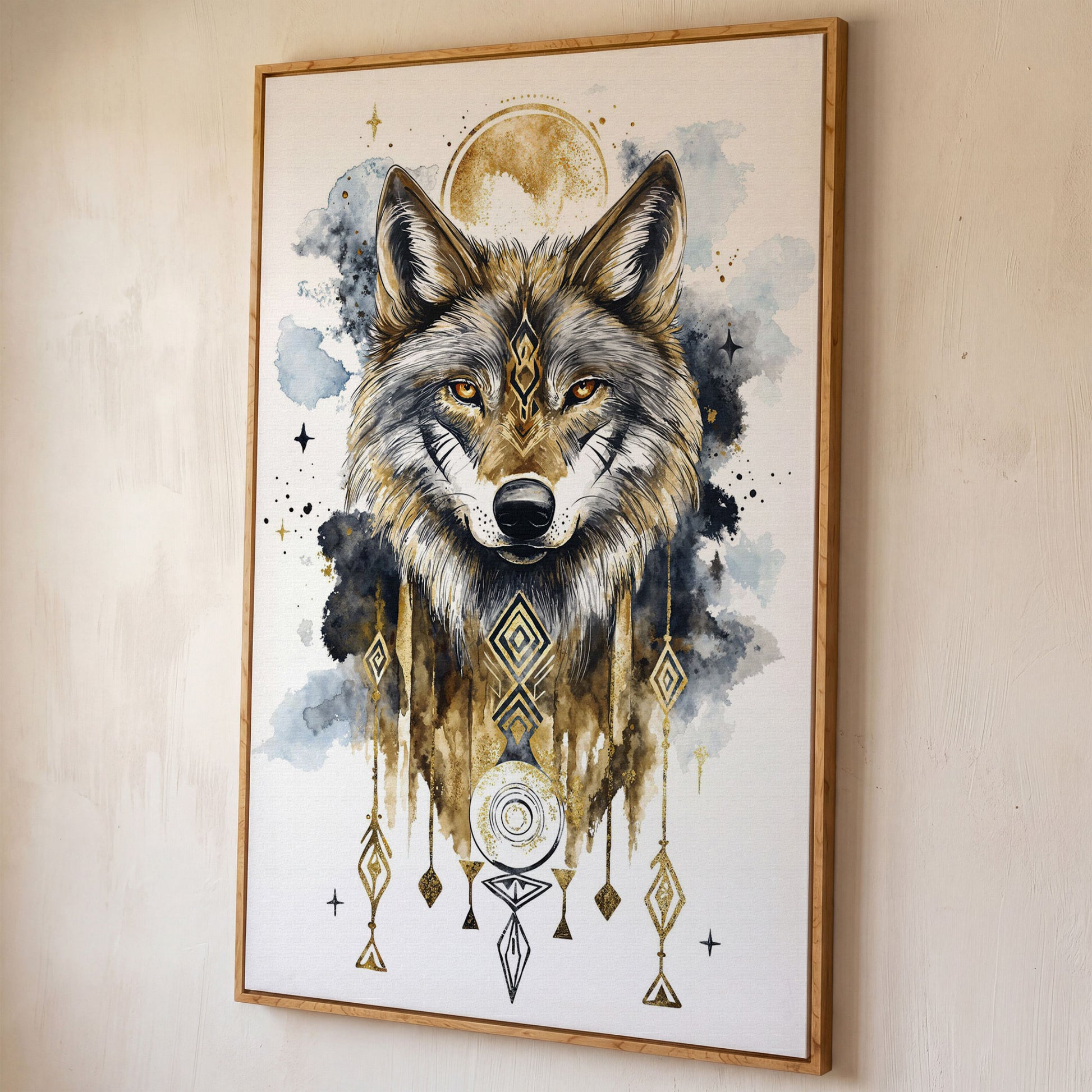 Geometric Wolf Portrait Canvas Art with Celestial Detail shown in white oak floating frame