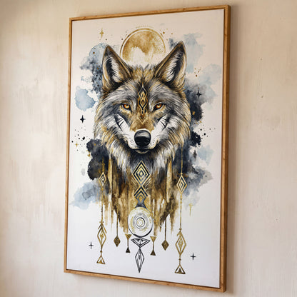 Geometric Wolf Portrait Canvas Art with Celestial Detail shown in white oak floating frame